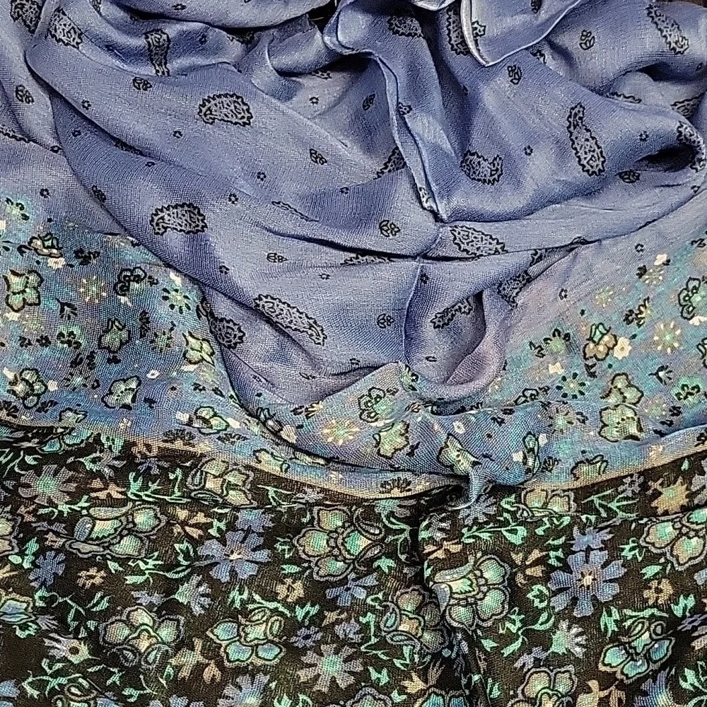 Floral Paisley Blue Black Fringe Scarf 25